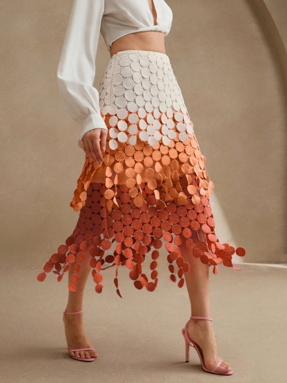 Orange Elegant Women's Hollow Embroidery Fringe Asymmetrical Midi Skirt
